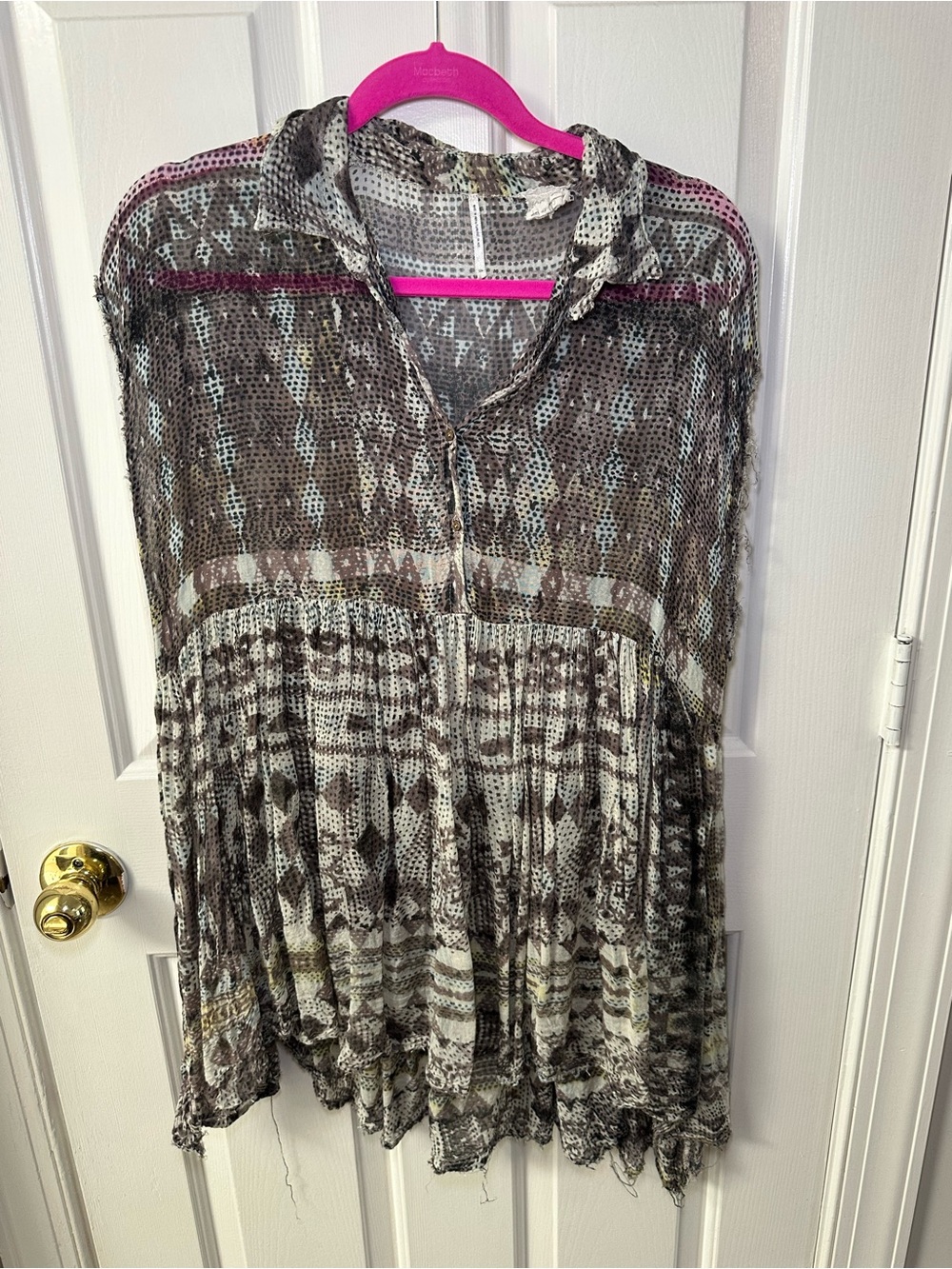 Free People Sheer Printed Button-Front Blouse - Brown & Cream